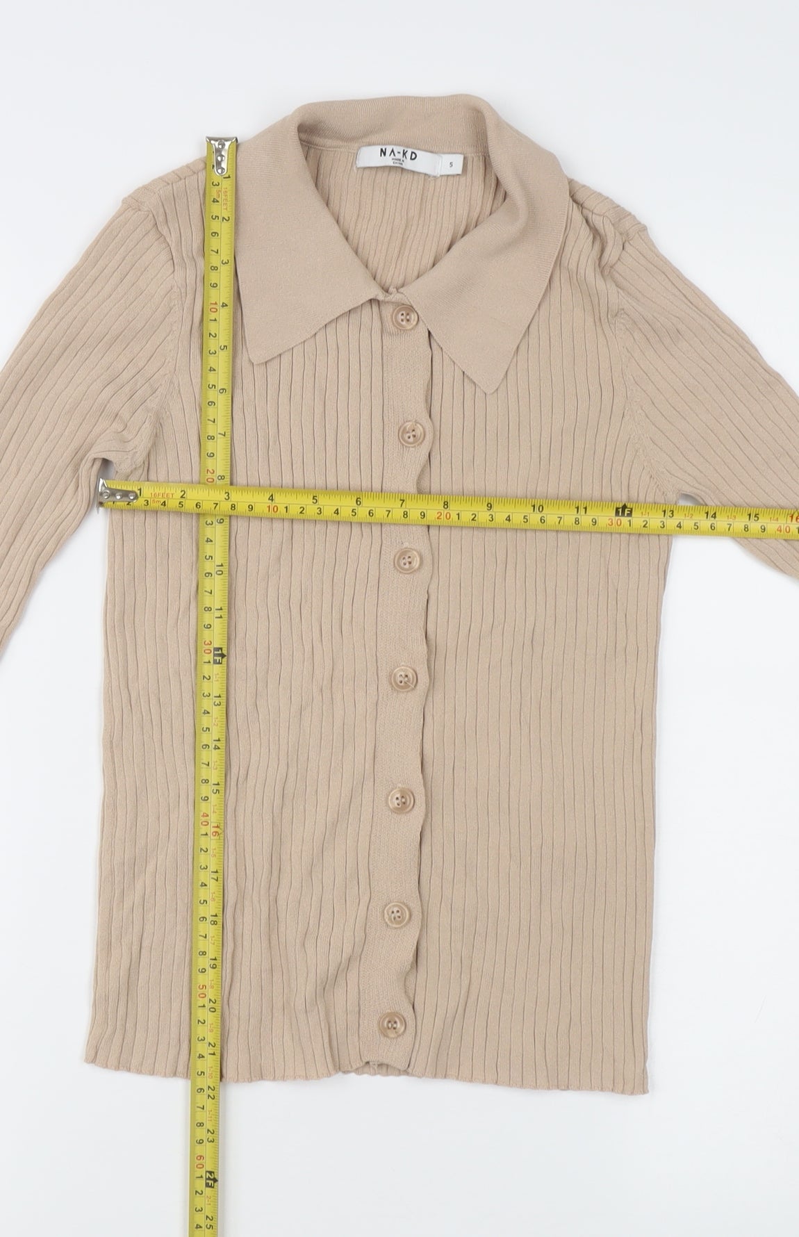 NA-KD Women’s Beige Slim Fit Ribbed Button-Up Top S