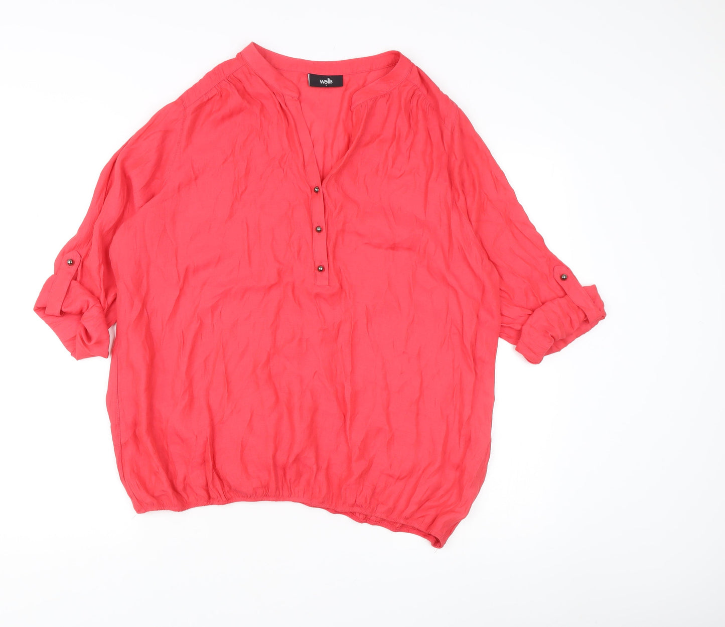 Wallis Women’s Red Tunic Blouse L 3/4 Roll Tab Sleeve V-Neck Casual