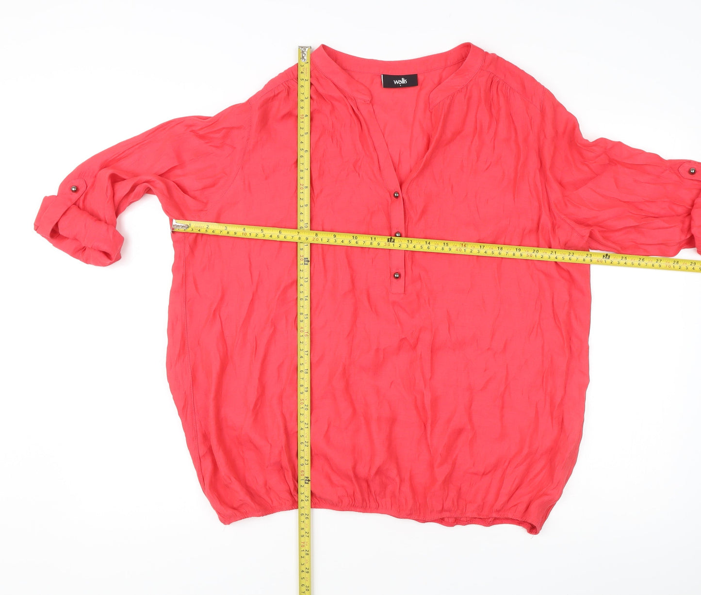 Wallis Women’s Red Tunic Blouse L 3/4 Roll Tab Sleeve V-Neck Casual