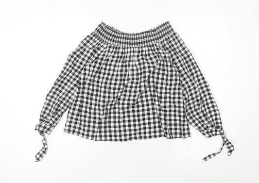 New Look Women’s Black Check Peasant Blouse Size 12 Off Shoulder Viscose