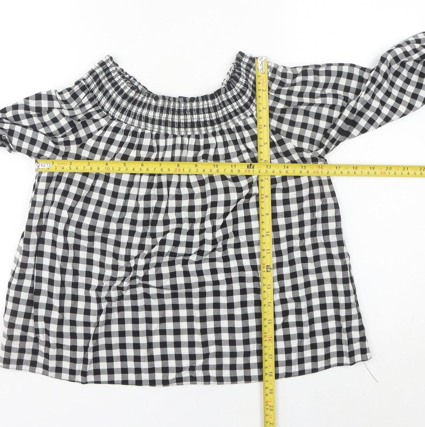 New Look Women’s Black Check Peasant Blouse Size 12 Off Shoulder Viscose