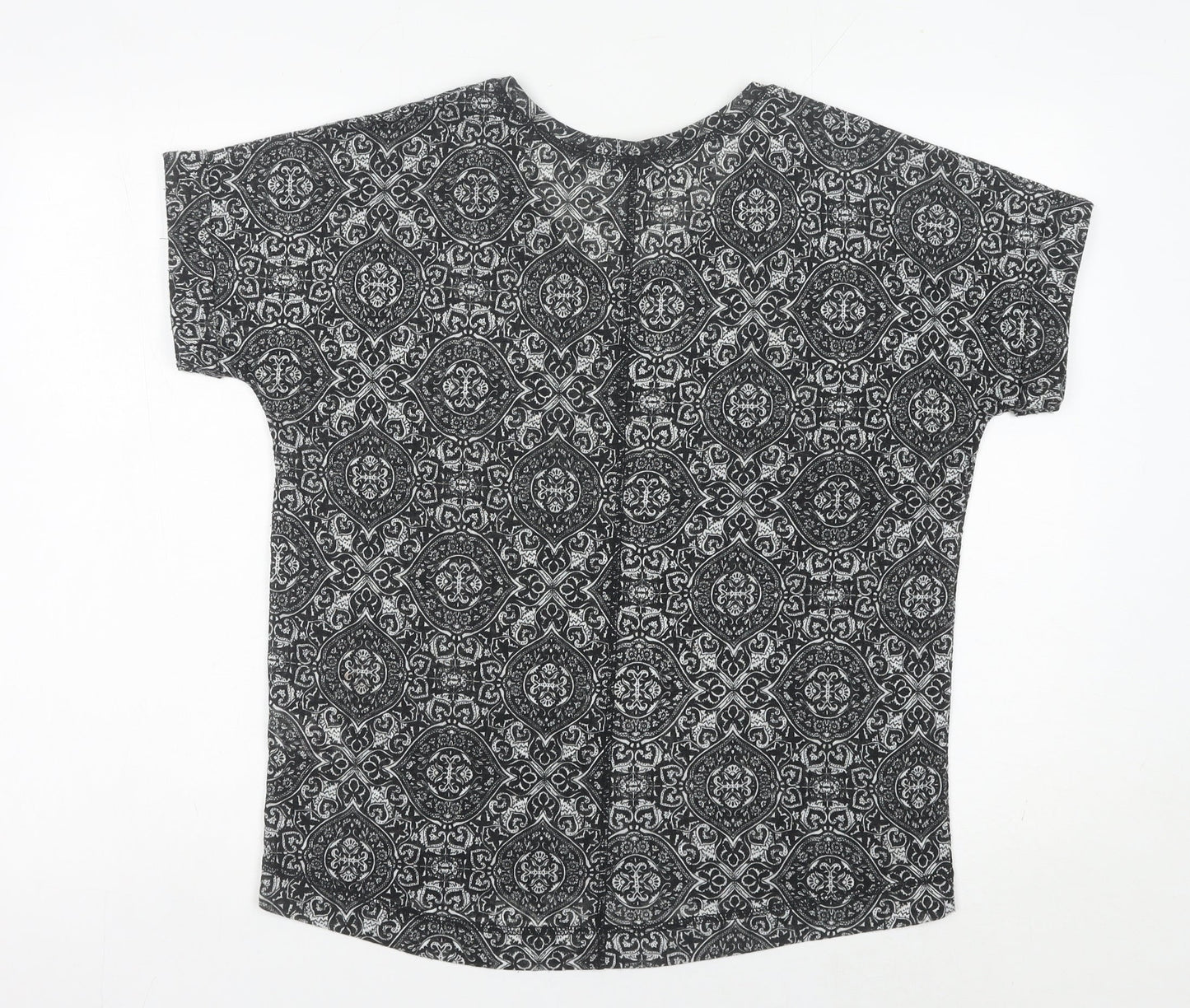 Peacocks Women’s Black Geometric V-Neck Short Sleeve T-Shirt Size 14