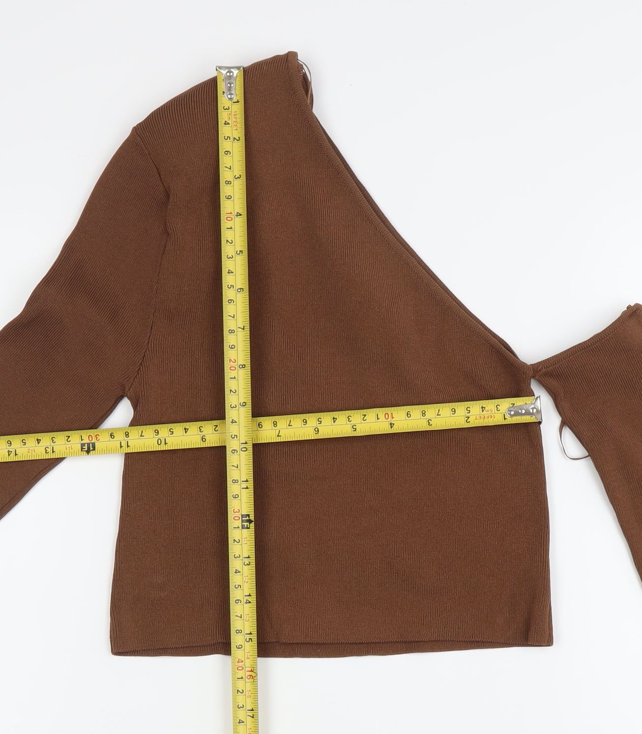 Zara Women Brown XS One Shoulder Cropped Knit Blouse Slim Fit