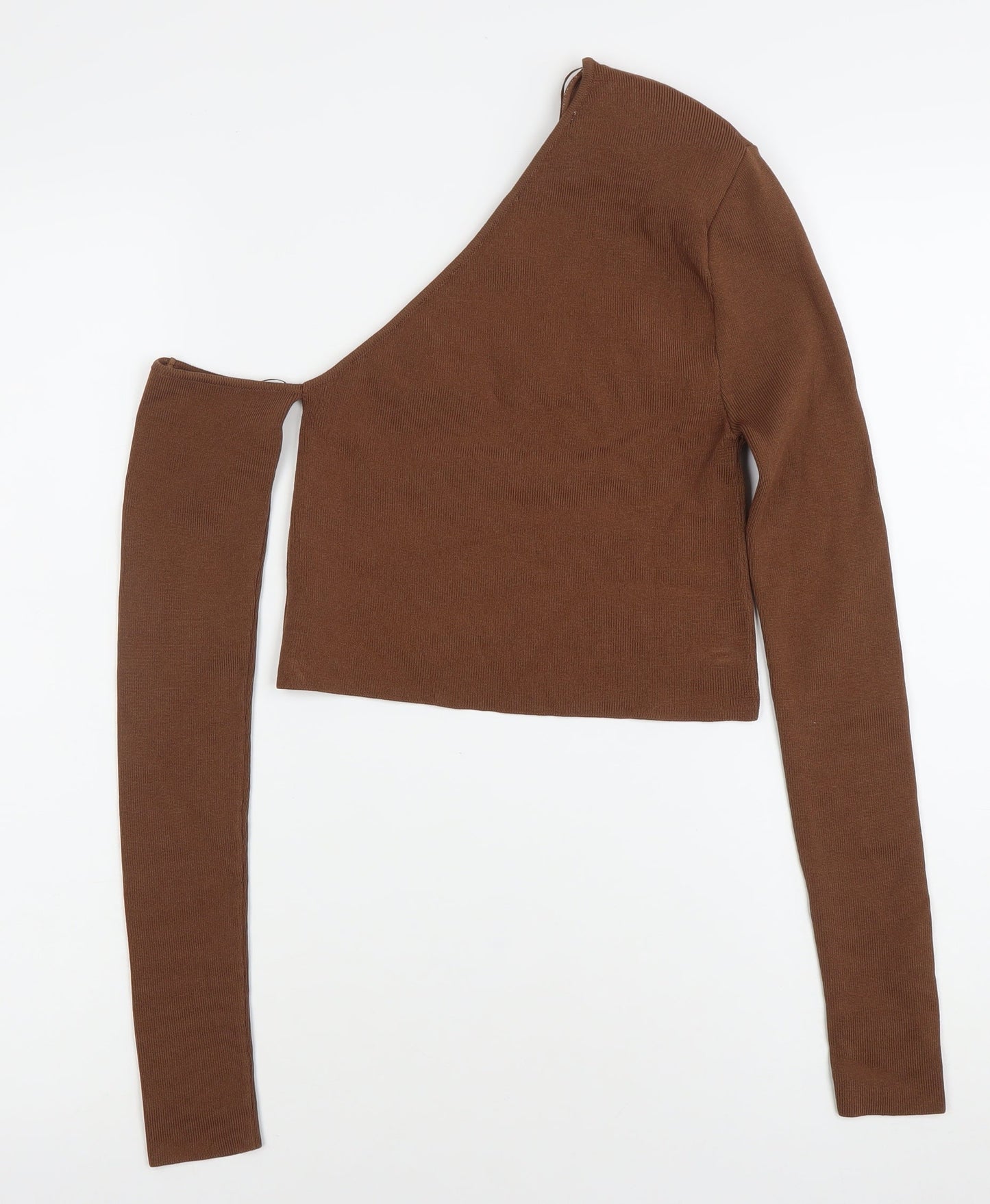 Zara Women Brown XS One Shoulder Cropped Knit Blouse Slim Fit