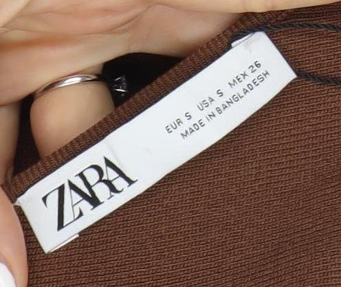 Zara Women Brown XS One Shoulder Cropped Knit Blouse Slim Fit