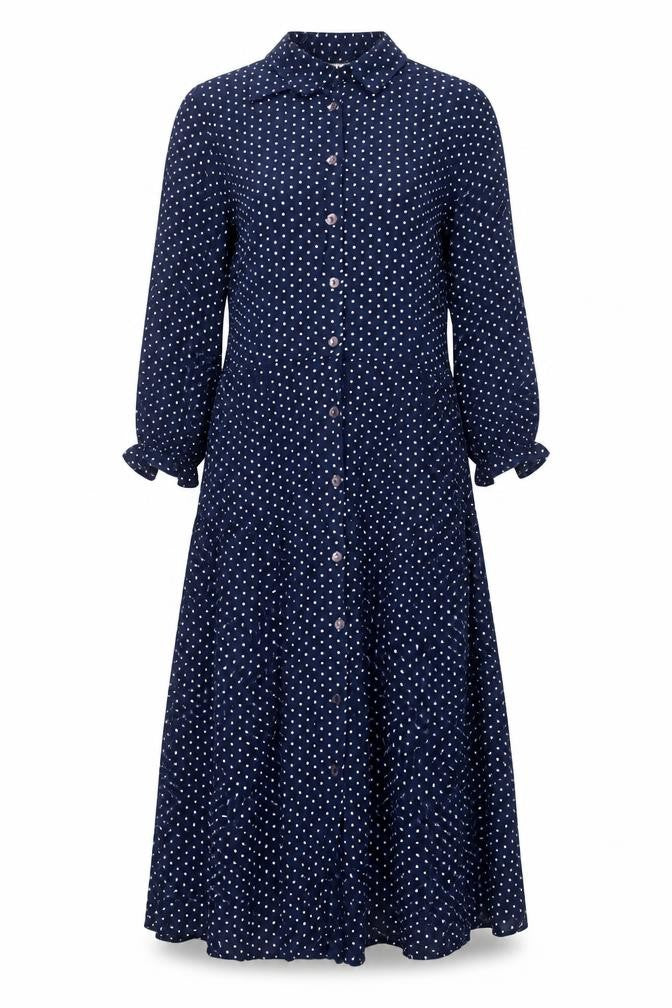 East Women’s Blue Polka Dot Midi Shirt Dress Size 10 Long Sleeve