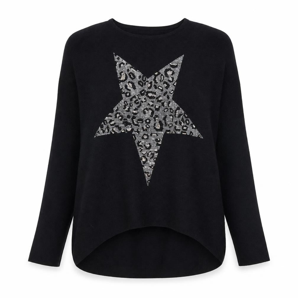 Blue Vanilla Women’s Black Beaded Star Leopard Jumper S