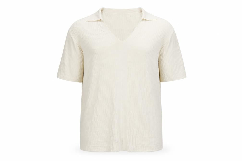 Marks & Spencer Men’s Ivory Knit Polo Shirt L V-Neck Short Sleeve