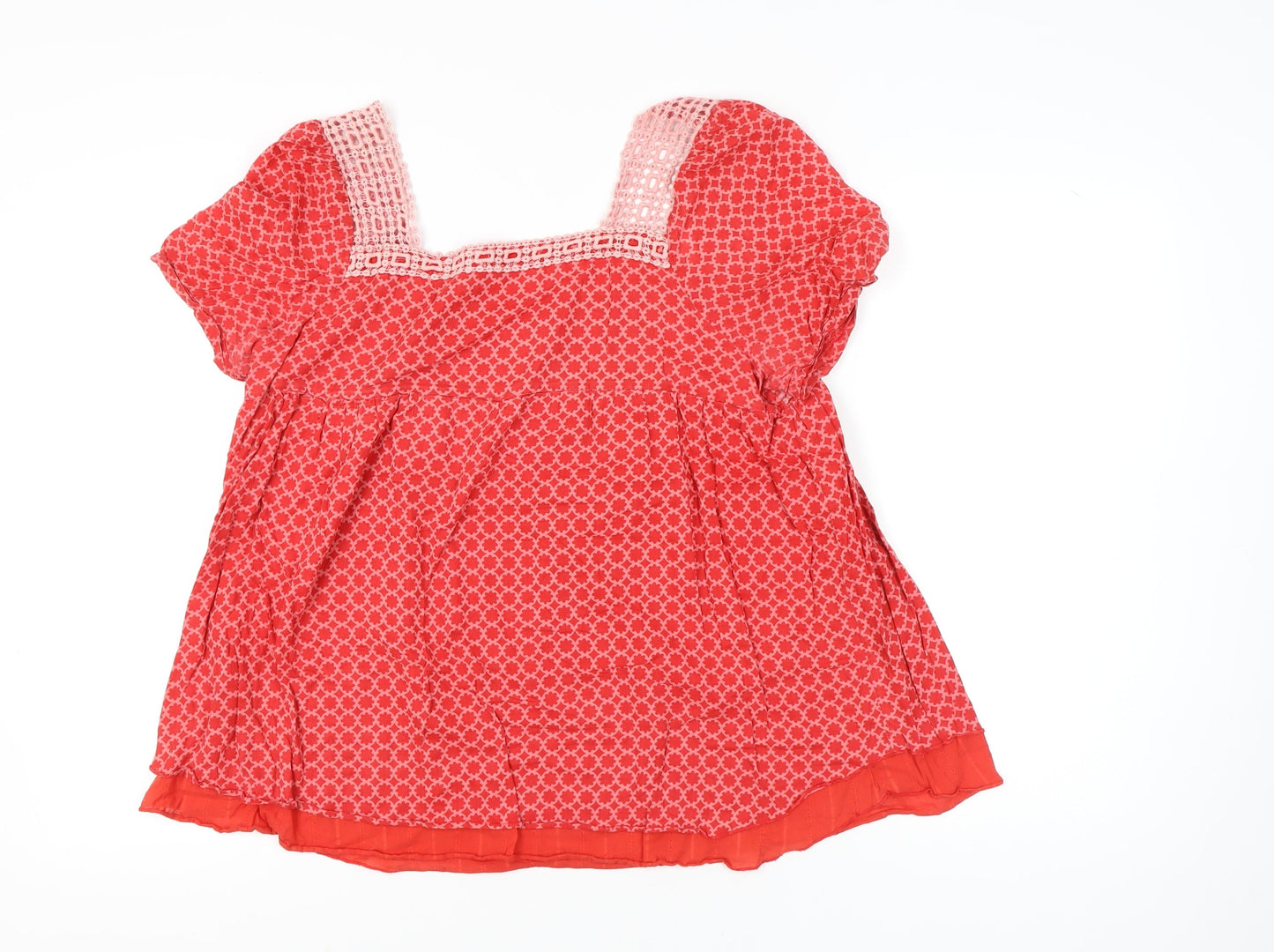 Roxy Women’s Red Geometric Crochet Square Neck Cotton Tunic Blouse L