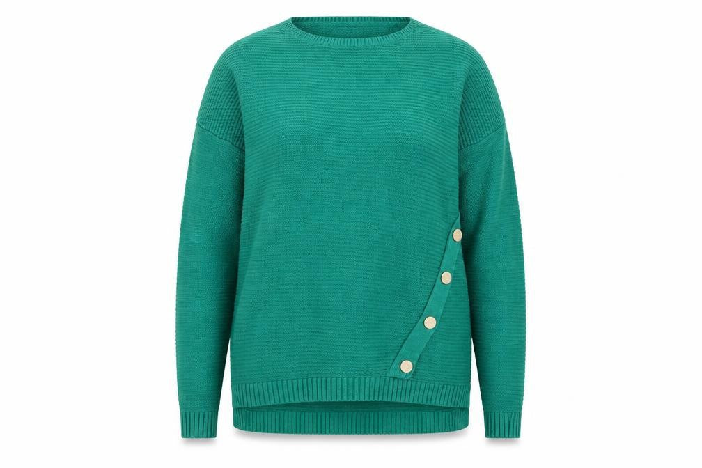 Peacocks Women's Green Medium Crew Neck Pullover Jumper with Button Detail