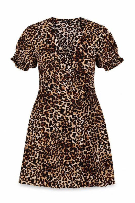 Pieces Women's Brown Leopard Print Wrap Dress Short Puff Sleeve Size S