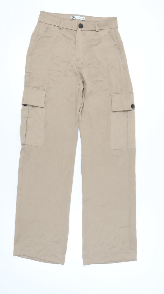 Zara Womens Beige XS Cargo Trousers Cotton Blend Mid Rise