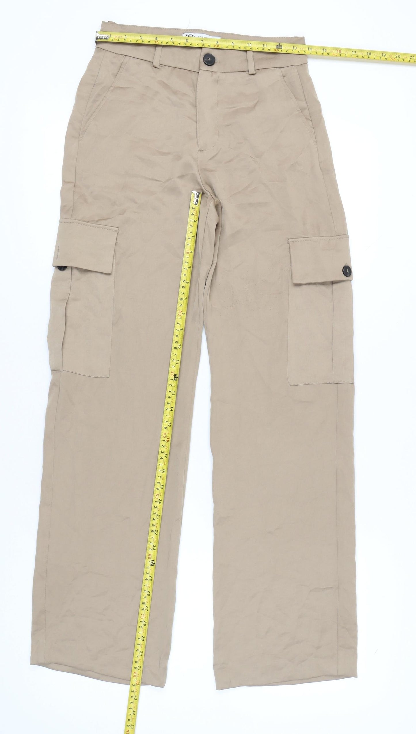 Zara Womens Beige XS Cargo Trousers Cotton Blend Mid Rise