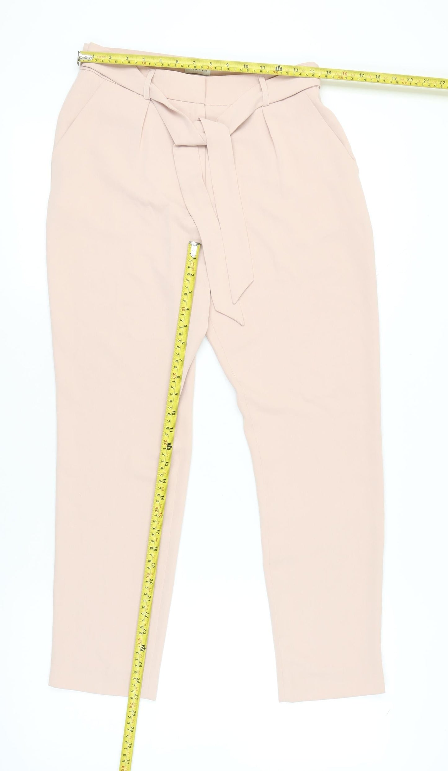 Eastex Women Beige Size 10 Paperbag Tapered Trousers Belted