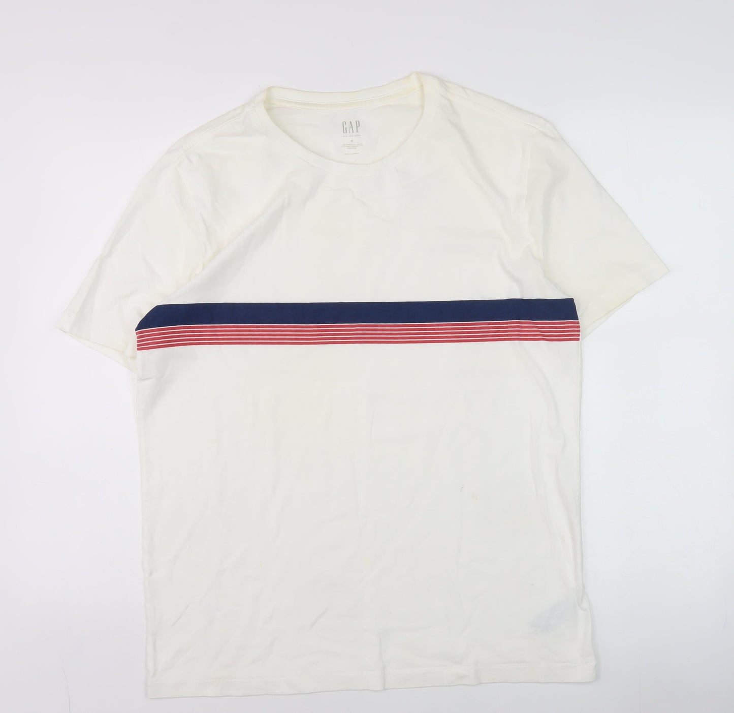 GAP Men's White Stripe Crew Neck Cotton T-Shirt M Regular Fit