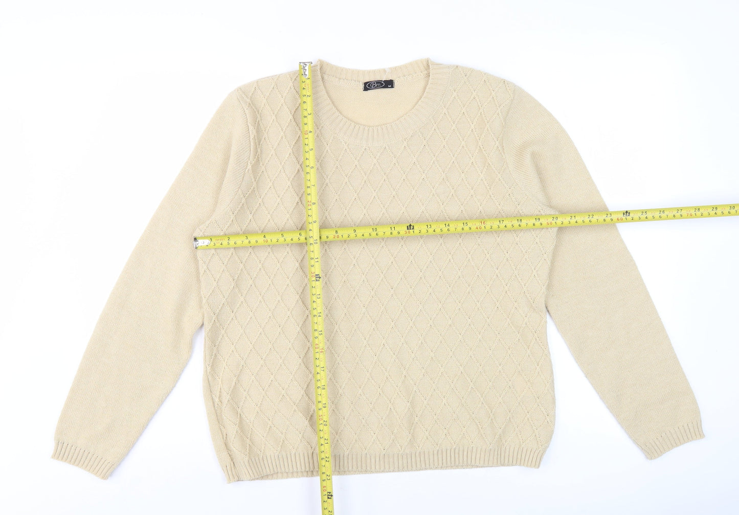 Bm Women's Beige Crew Neck Argyle Knit Pullover Jumper M