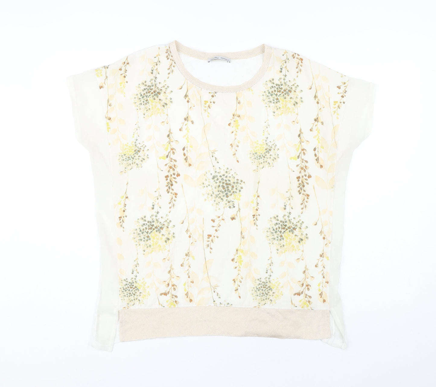 Zara Women Ivory Floral Short Sleeve Regular Fit T-Shirt Size 8