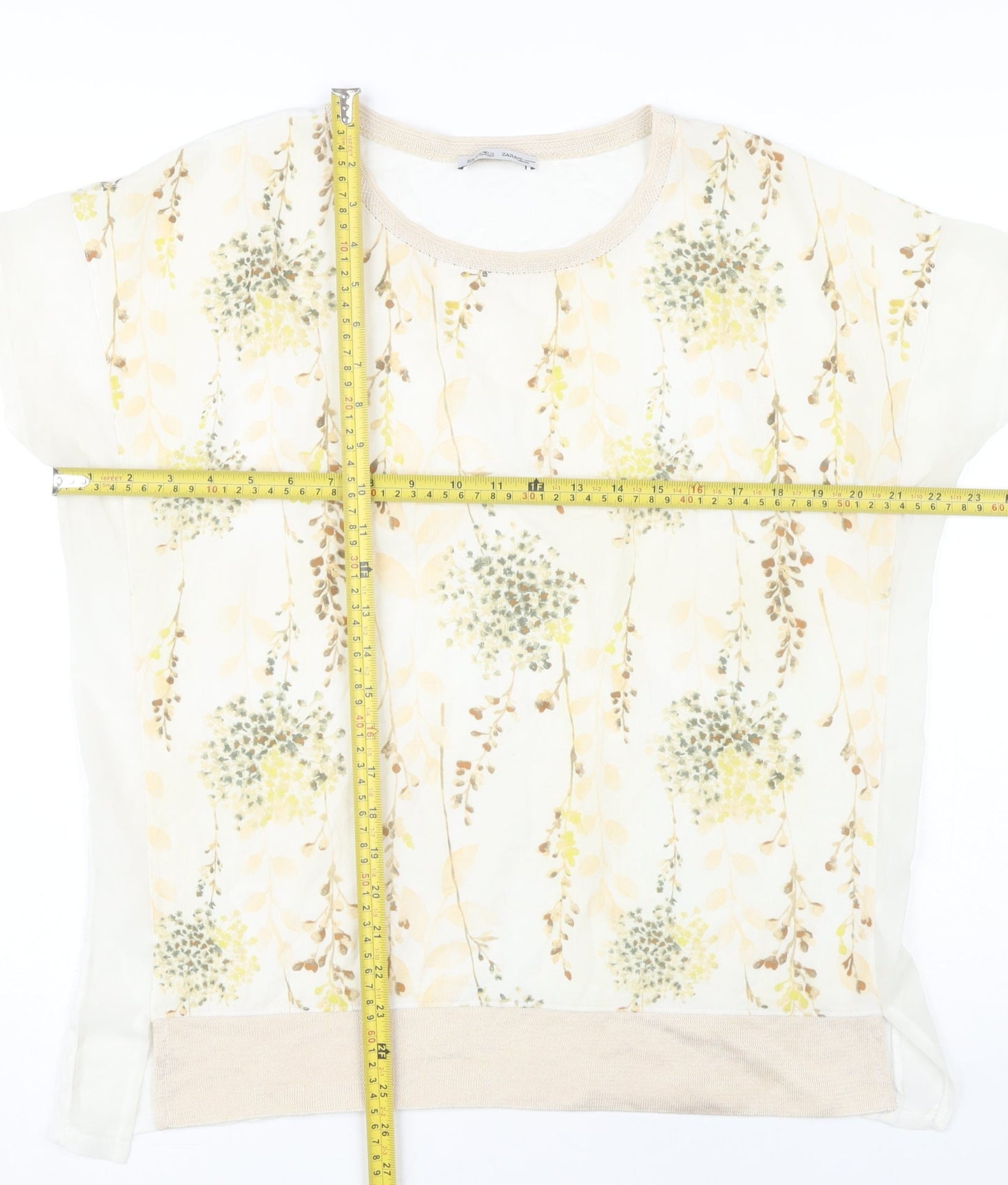 Zara Women Ivory Floral Short Sleeve Regular Fit T-Shirt Size 8