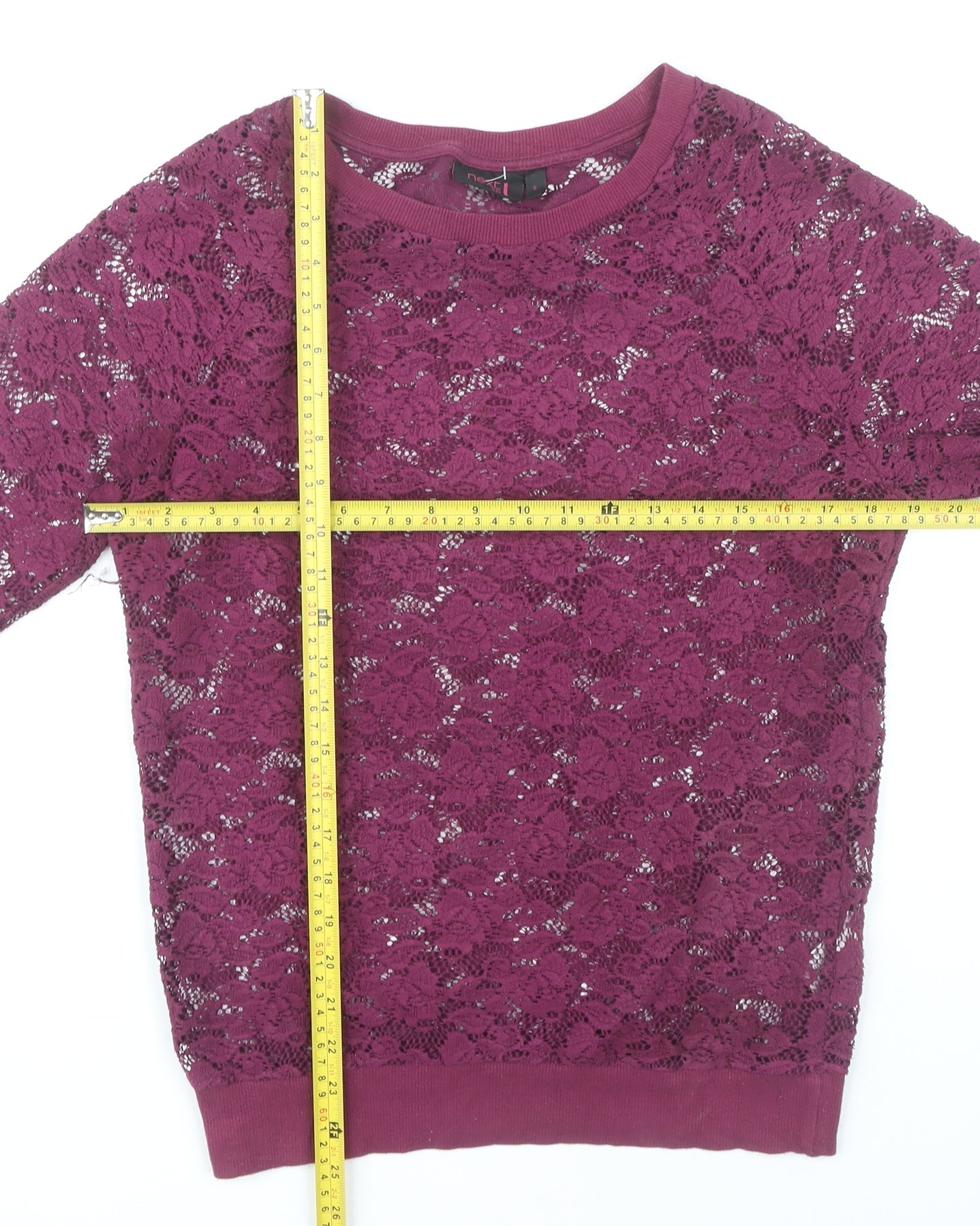 Next Women’s Purple Lace Blouse UK 8 3/4 Sleeve Crew Neck