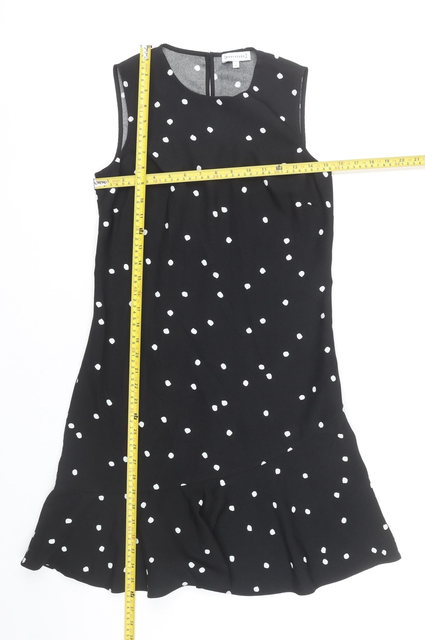 Warehouse Women’s Black Polka Dot Shift Dress Size 8 Knee Length Sleeveless