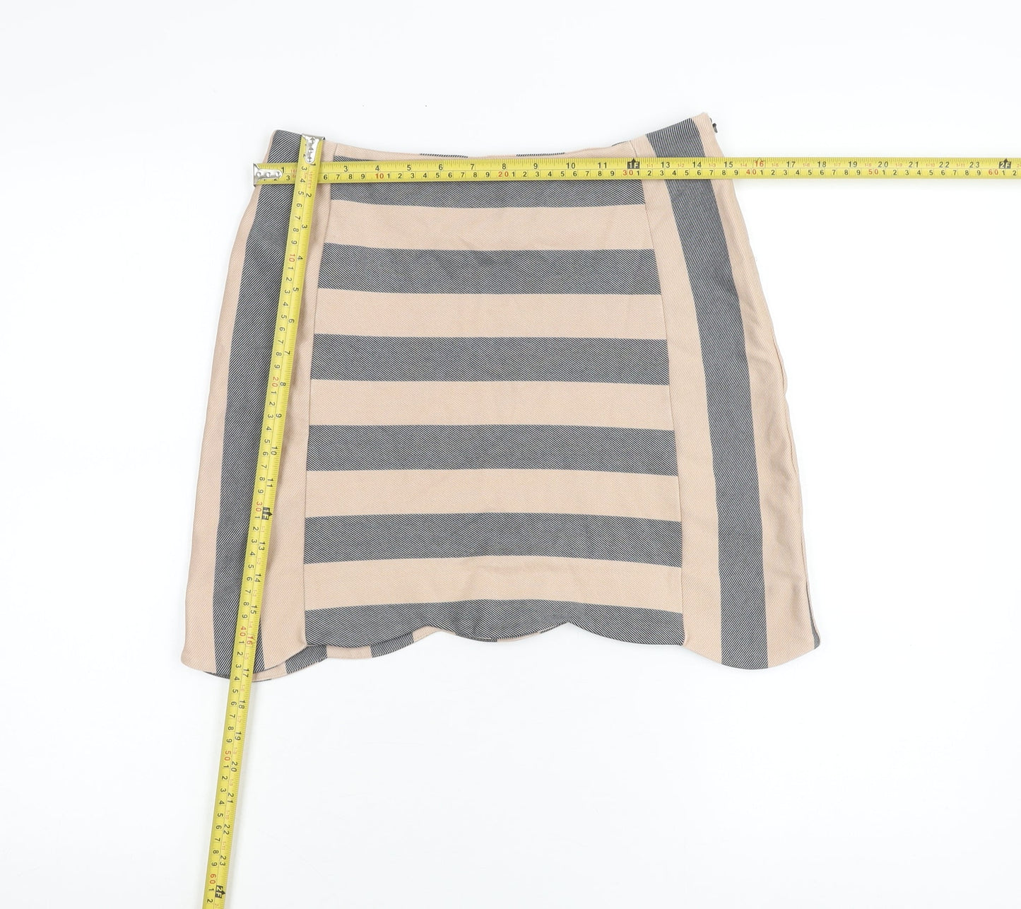Oasis Women Beige Grey Striped Short Pencil Skirt M Linen Blend