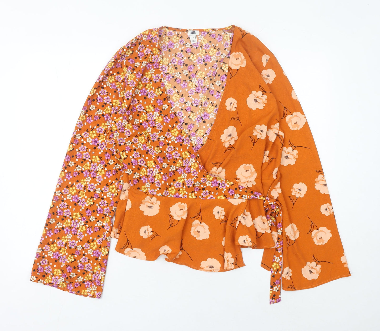 River Island Women Orange Floral Wrap Blouse Size 16 Long Sleeve