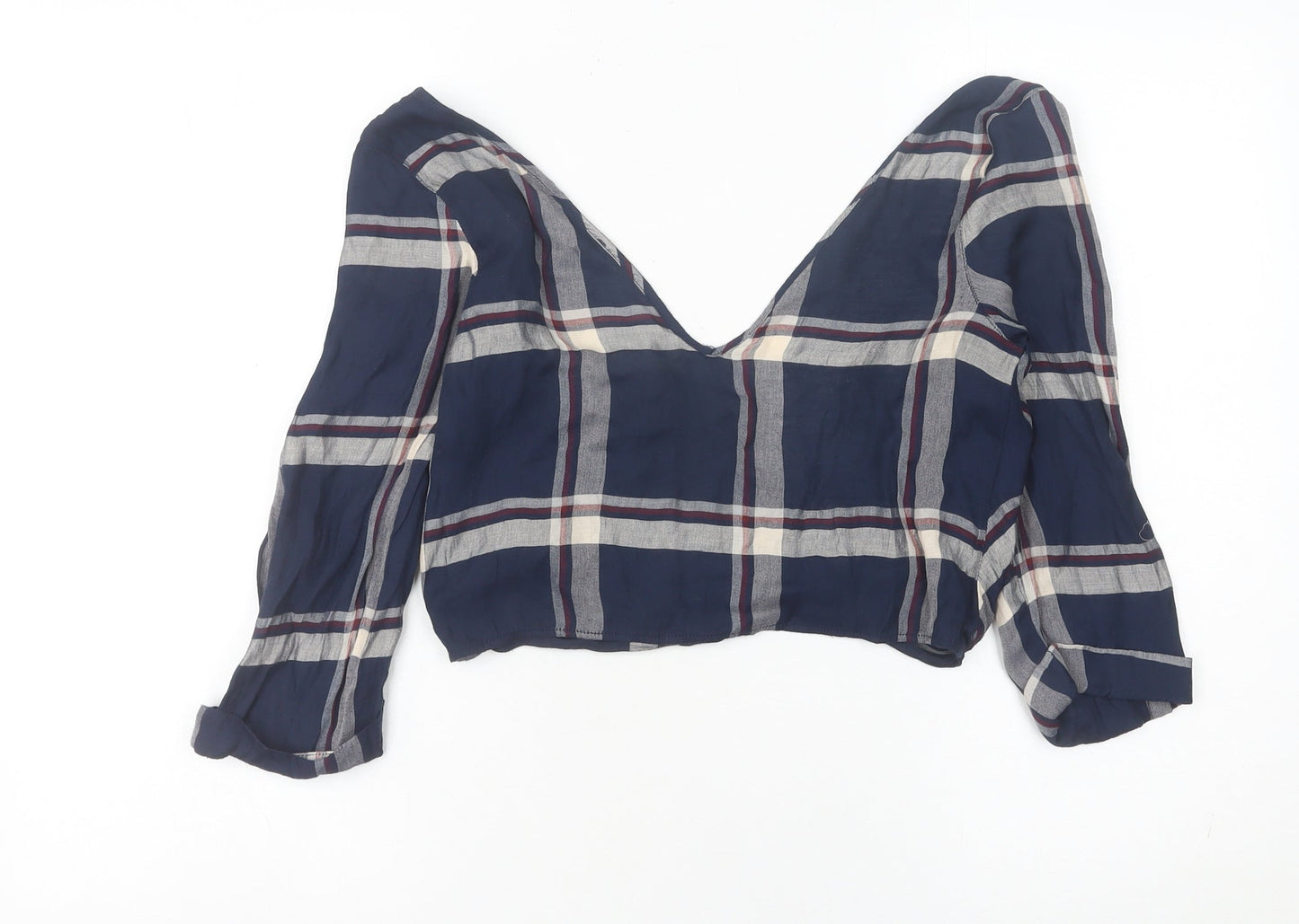 River Island Women’s Blue Check Cropped Blouse UK 6 V-Neck Long Sleeve