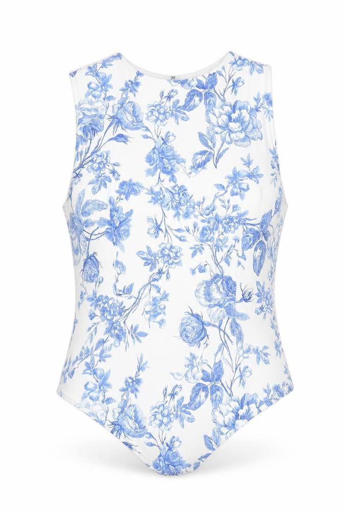 River Island Women's White Blue Floral Sleeveless Slim Blouse UK 10