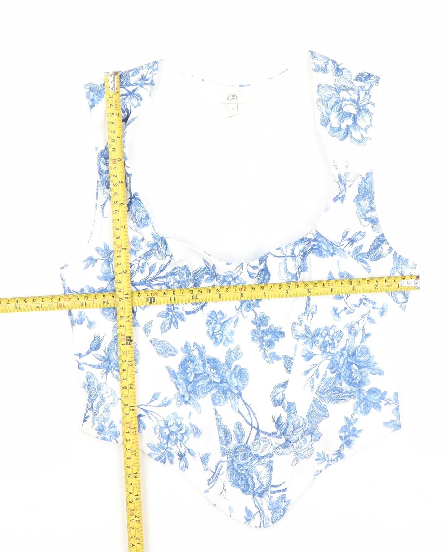 River Island Women's White Blue Floral Sleeveless Slim Blouse UK 10