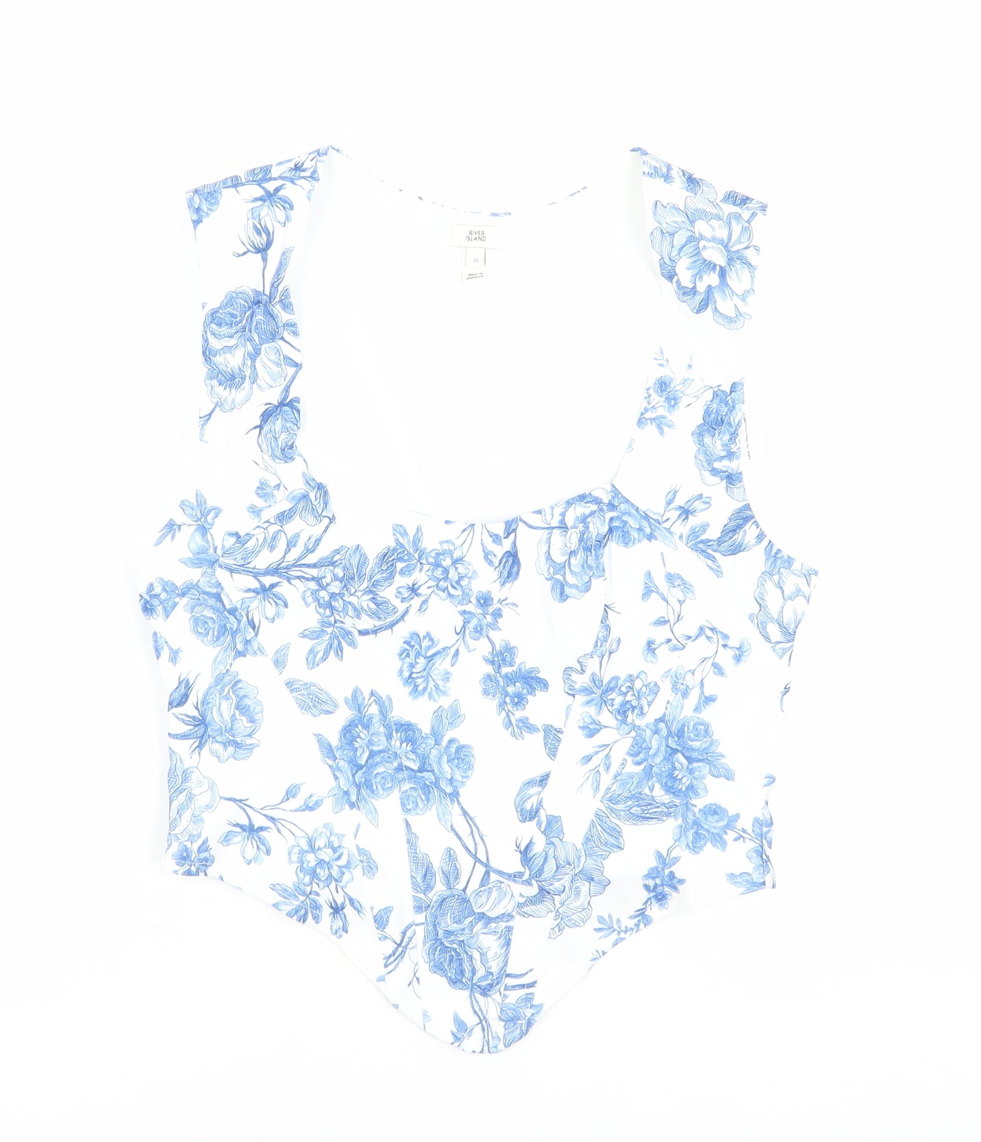 River Island Women's White Blue Floral Sleeveless Slim Blouse UK 10