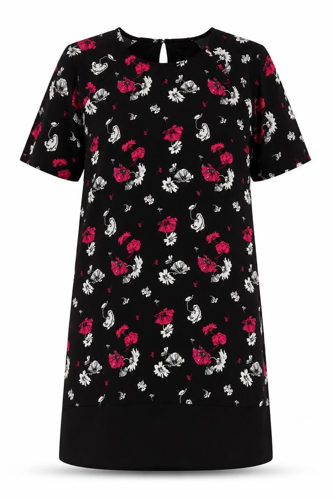 Damart Women’s Black Floral Shift Dress Size 18 Short Sleeve Knee Length
