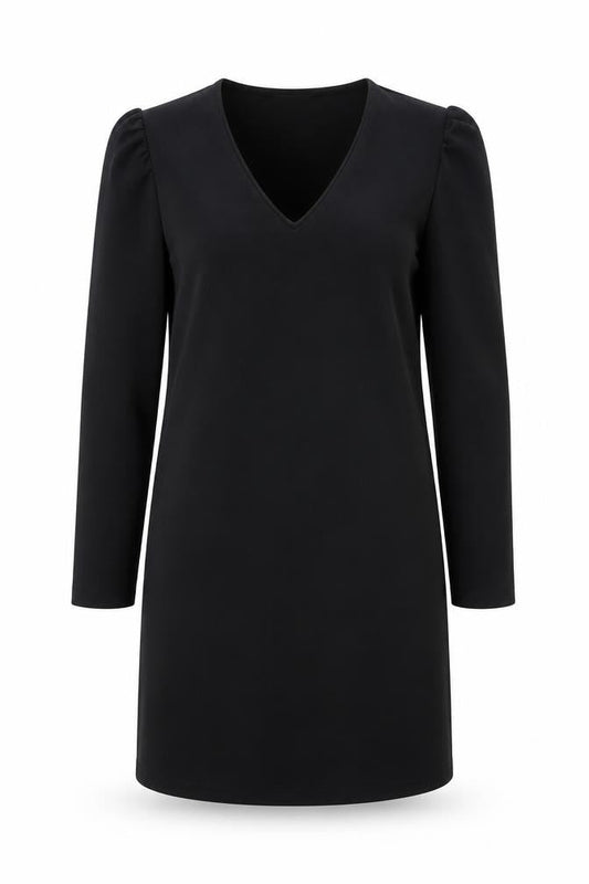 Mango Women Black Size 12 Shift Dress V-Neck Long Sleeve