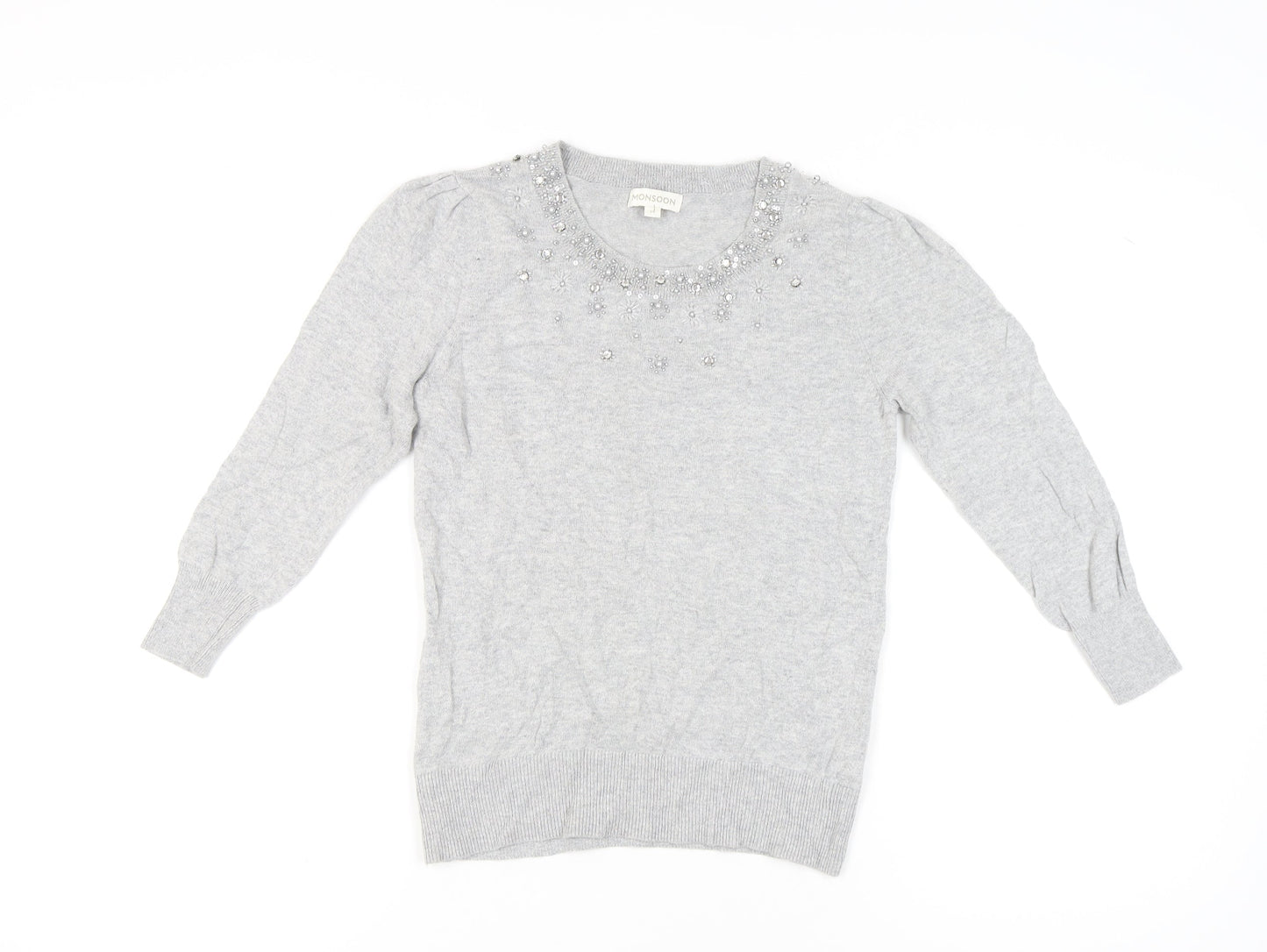 Monsoon Womens Grey Beaded Jewel Crew Neck Pullover Jumper M