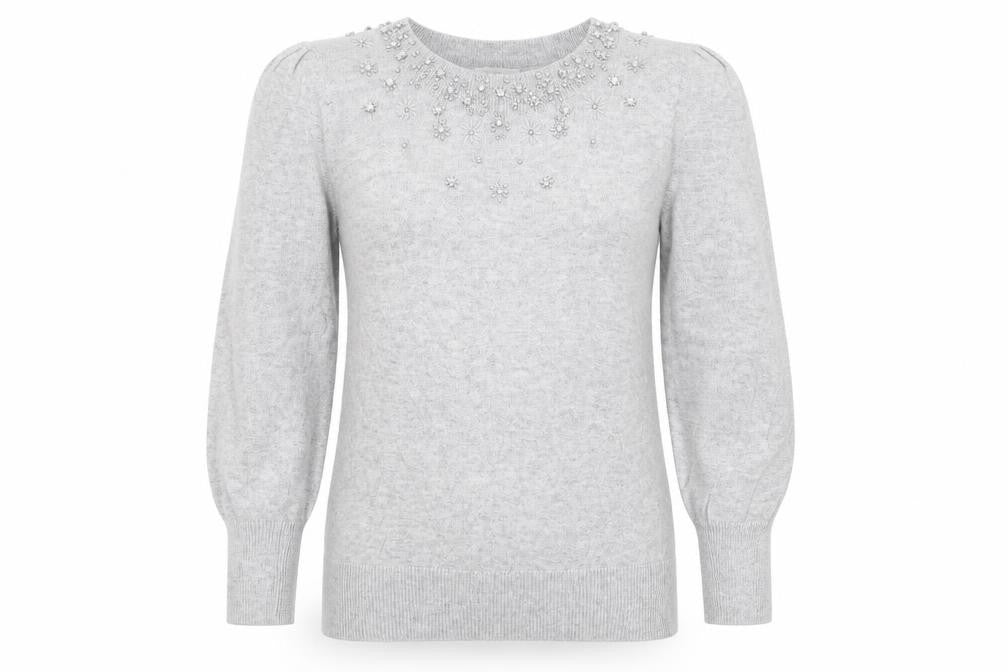 Monsoon Womens Grey Beaded Jewel Crew Neck Pullover Jumper M
