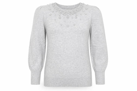 Monsoon Womens Grey Beaded Jewel Crew Neck Pullover Jumper M