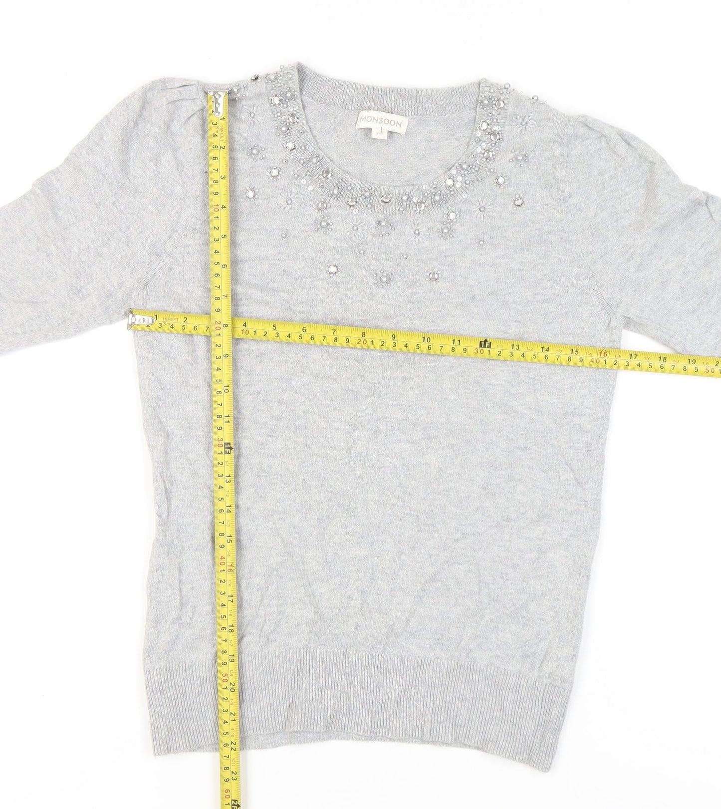 Monsoon Womens Grey Beaded Jewel Crew Neck Pullover Jumper M
