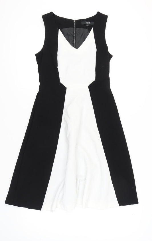 Next Women’s Black White Fit & Flare Dress Size 10 V-Neck Knee Length