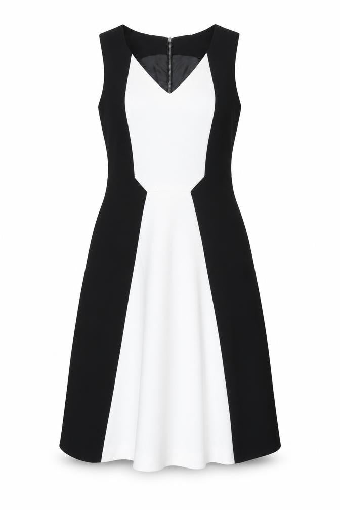 Next Women’s Black White Fit & Flare Dress Size 10 V-Neck Knee Length