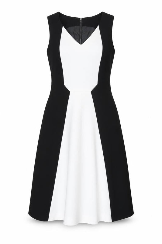 Next Women’s Black White Fit & Flare Dress Size 10 V-Neck Knee Length