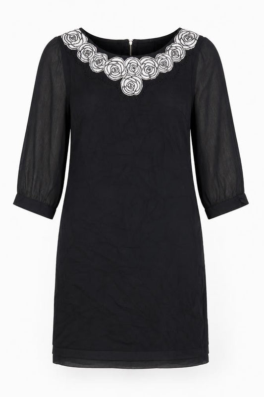 Kaliko Womens Black Shift Dress Size 12 Knee Length Embroidered Chiffon