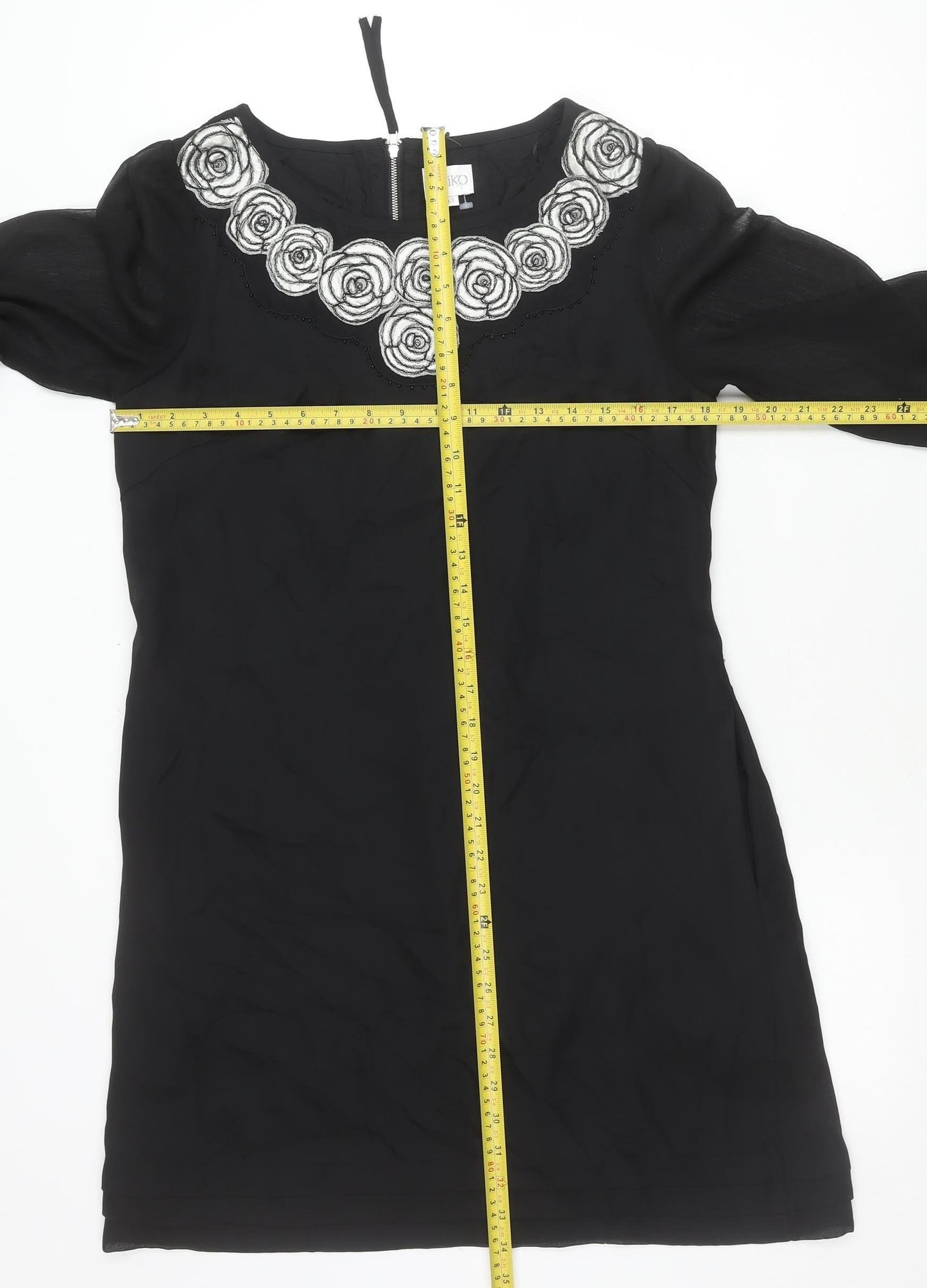 Kaliko Womens Black Shift Dress Size 12 Knee Length Embroidered Chiffon