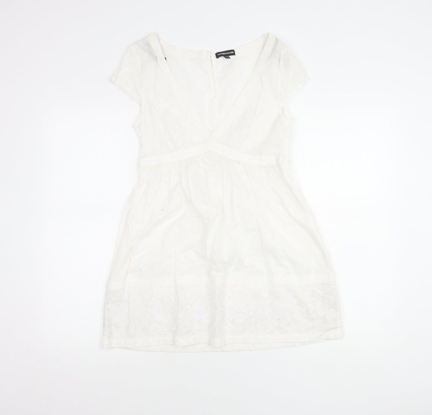 Warehouse Women’s White Cotton Lace Tunic UK 10 V-Neck Cap Sleeve