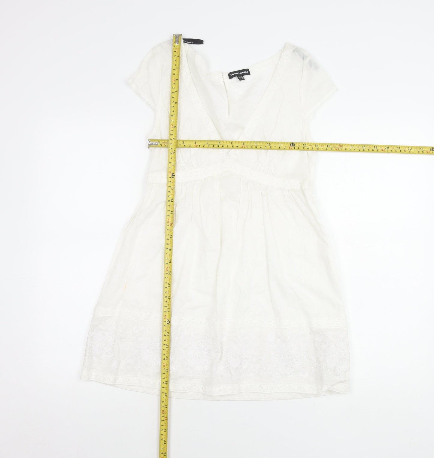 Warehouse Women’s White Cotton Lace Tunic UK 10 V-Neck Cap Sleeve