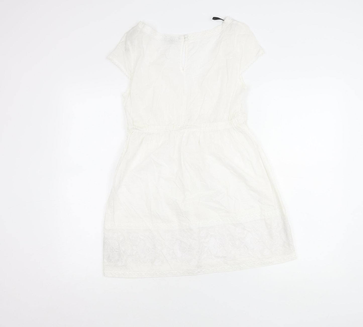 Warehouse Women’s White Cotton Lace Tunic UK 10 V-Neck Cap Sleeve