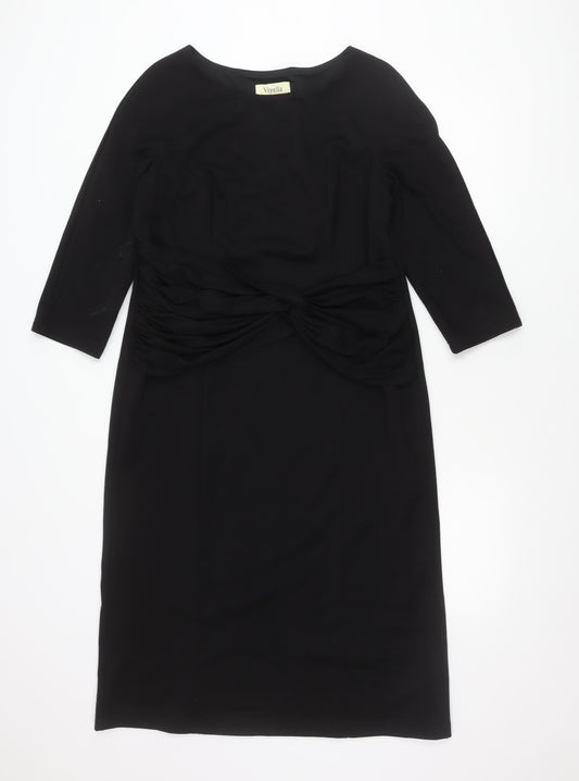 Viyella Women’s Black Knee Length Sheath Dress L 3/4 Sleeve Ruched