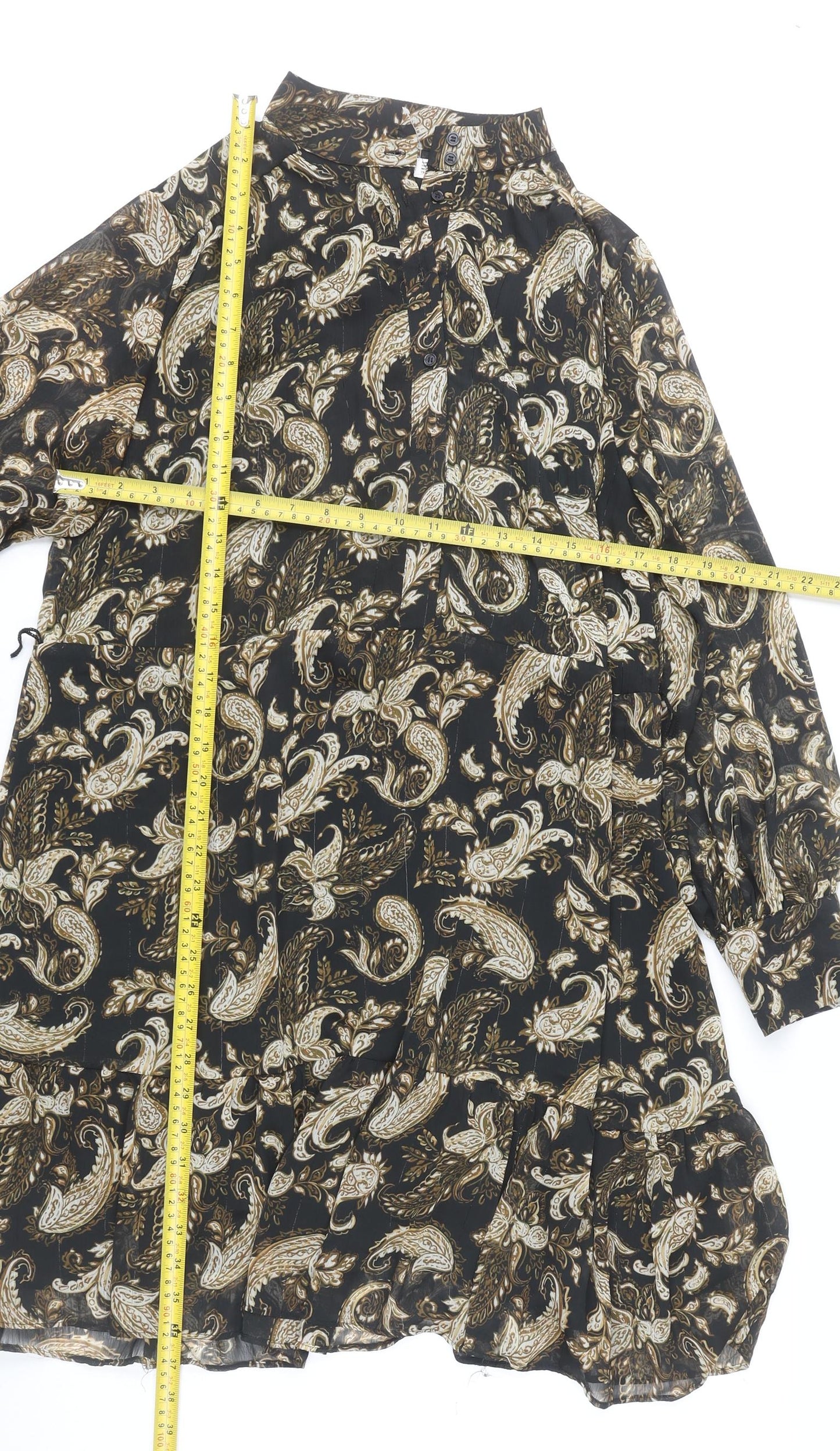 Mango Women's Black Paisley Shift Dress Size 8 Long Sleeve Chiffon