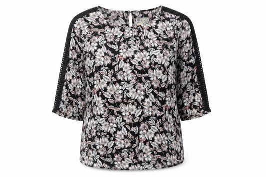 M&Co Women’s Black Floral Crochet Trim Tunic Blouse Size 14