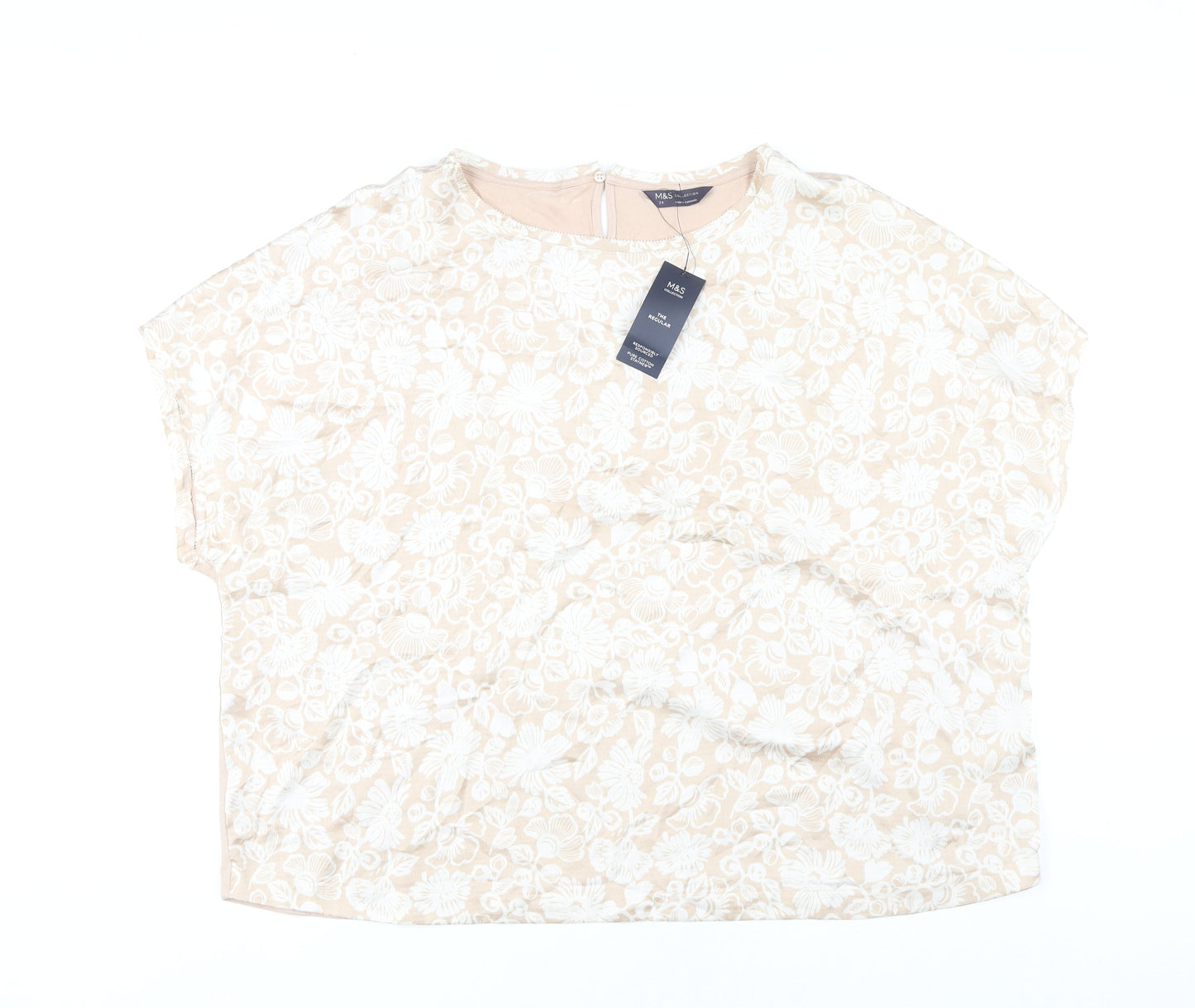 Marks and Spencer Women Beige Floral Blouse Size 24 Plus Short Sleeve