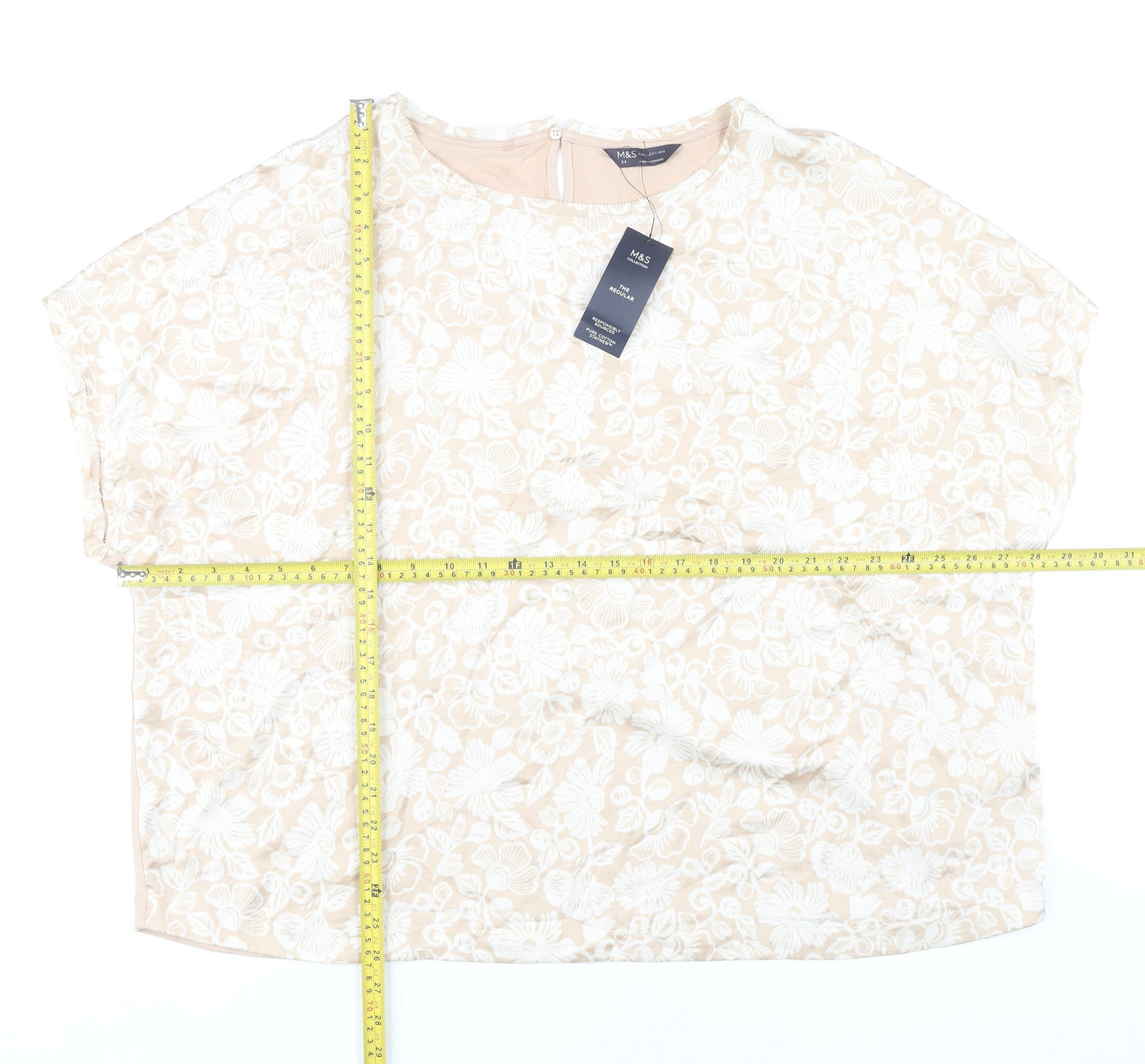 Marks and Spencer Women Beige Floral Blouse Size 24 Plus Short Sleeve