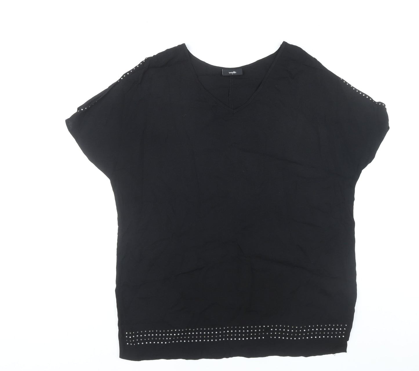 Wallis Womens Black Studded V-Neck Short Sleeve Viscose Blouse L